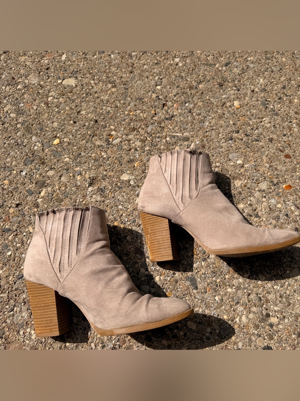 Ladies Taupe Suede Stacked Heel Ankle Booties
